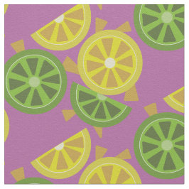 薄切り、四つ切りのレモンとライムの紫色の生地 ファブリック