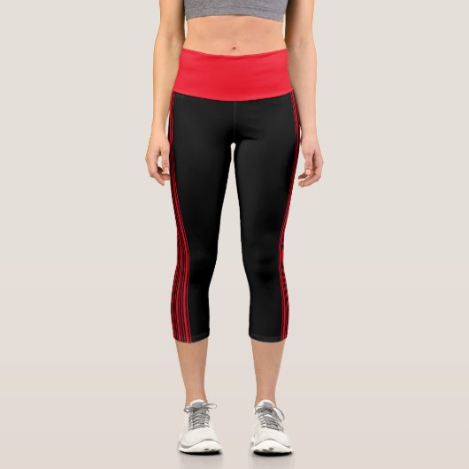 薄型ストライプブラック&レッドヨガパンツレギンス カプリレギンス (正面)