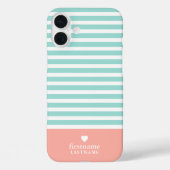 薄型ストライプ高級ハートモノグラムティール(緑がかった色)桃 Case-Mate iPhoneケース (裏面)