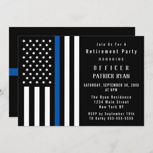 薄型ブルーラインフラッグ警察の退職パーティー 招待状 (正面/裏面)