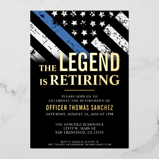 薄型ブルーラインフラッグ警察の退職パーティー 箔招待状 (正面)