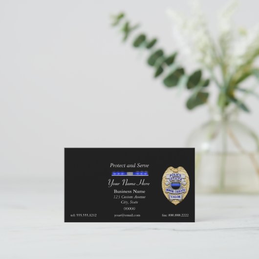 薄型ブルーライン警察バッジとライトバー 名刺 (スタンド正面)