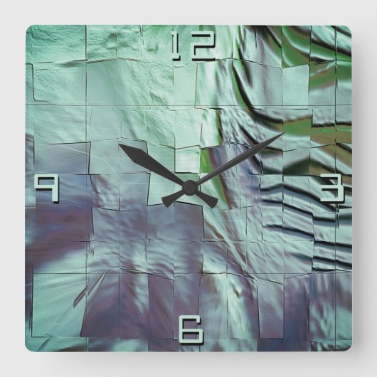 薄彫りとサテンの灰色がかったミントモザイク スクエア壁時計 (正面)