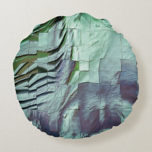 薄彫りとサテンの灰色がかったミントモザイク ラウンドクッション (裏面)