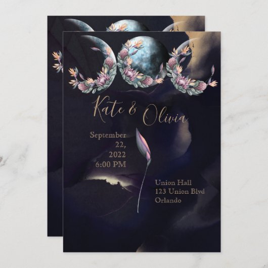 薄明るい月のフェイズダークとムーディ結婚ーズ 招待状 (正面/裏面)