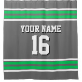 薄暗いグレーエメラルドグリーンホワイトストライプスポーツジャージ シャワーカーテン (正面)