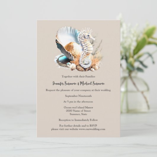 薄暗いピンクの白いシーホースのシーシェルサンゴビーチ 招待状 (スタンド正面)