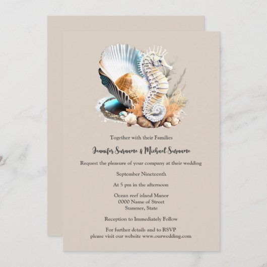 薄暗いピンクの白いシーホースのシーシェルサンゴビーチ 招待状 (正面/裏面)