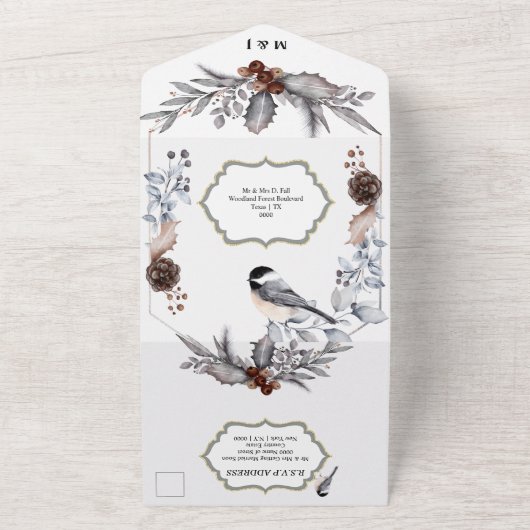 薄暗い灰色の茶色の森の木の結婚国の鳥 オールインワン招待状 (外側)
