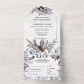 薄暗い灰色の茶色の森の木の結婚国の鳥 オールインワン招待状 (内側)