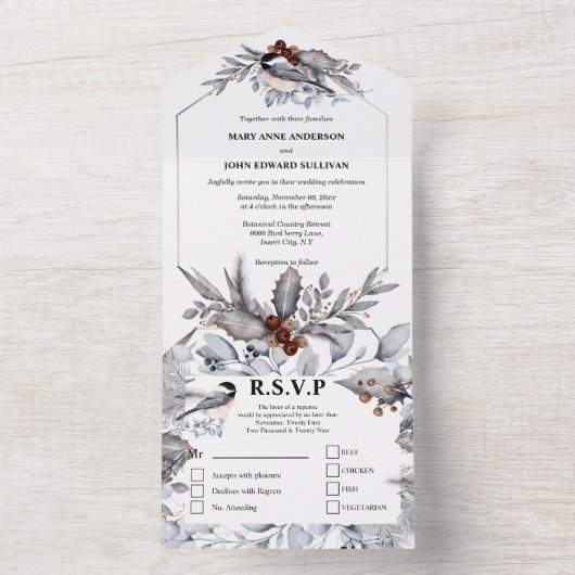 薄暗い灰色の茶色の森の木の結婚国の鳥 オールインワン招待状 (内側)