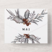 薄暗い灰色の茶色の森の木の結婚国の鳥 オールインワン招待状 (裏面)