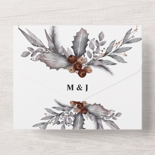 薄暗い灰色の茶色の森の木の結婚国の鳥 オールインワン招待状 (裏面)