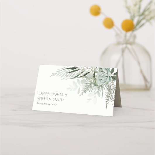 薄暗い緑の葉の多い葉結婚の プレイスカード (正面)