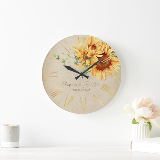薄暗い羊皮紙に水色のひまわり ラージ壁時計 (ホーム)