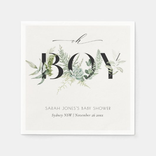 薄暗い葉のシダ多肉質Oh男の子ベビーシャワー スタンダードカクテルナプキン (正面)