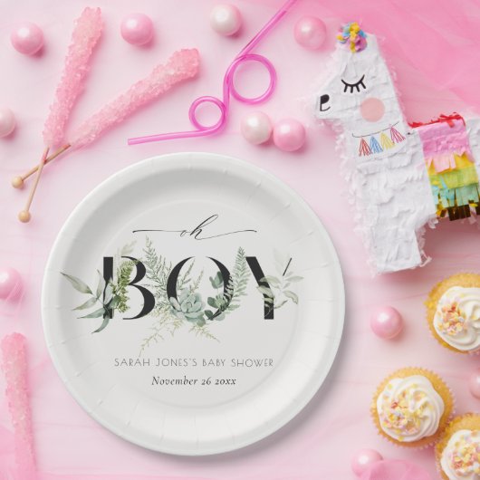 薄暗い葉のシダ多肉質Oh男の子ベビーシャワー ペーパープレート (パーティー)