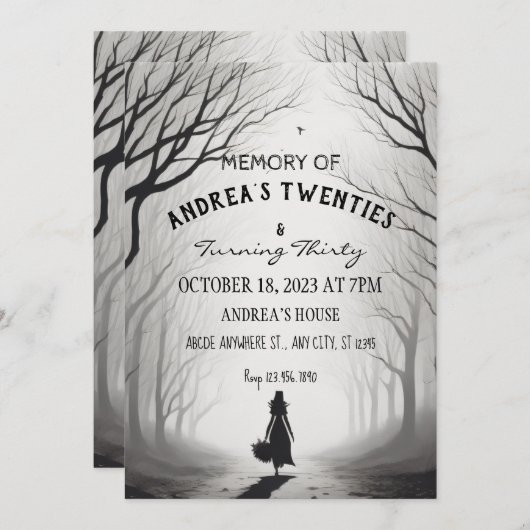 薄暗い霧の女の子の森の誕生日ハロウィーン 招待状 (正面/裏面)