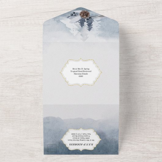 薄暗い青い森の水色の木のクリスマス結婚 オールインワン招待状 (外側)