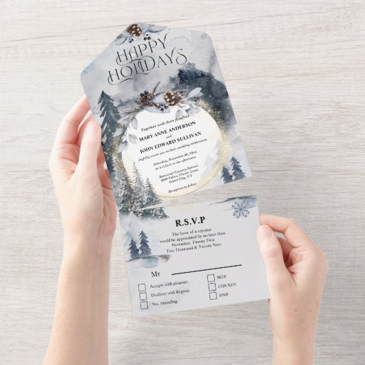 薄暗い青い森の水色の木のクリスマス結婚 オールインワン招待状 (貼ってはがせる)