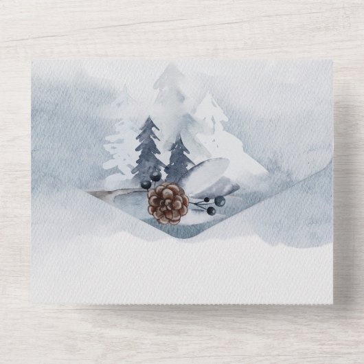 薄暗い青い森の水色の木のクリスマス結婚 オールインワン招待状 (裏面)