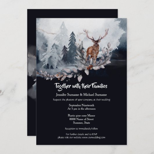 薄暗い青い灰色の石板の水色のスタッグ森林の木 招待状 (正面/裏面)