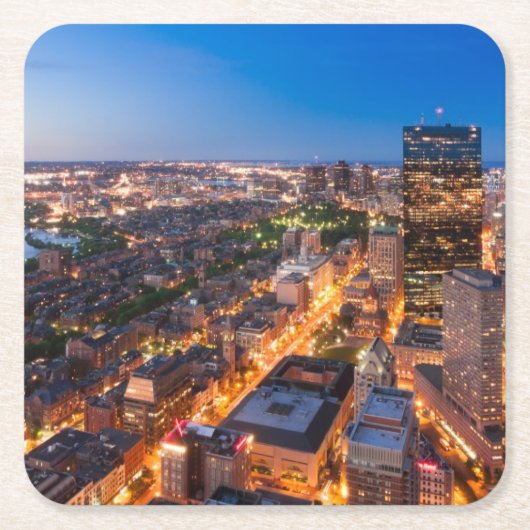 薄暗がりのボストンのスカイライン スクエアペーパーコースター (正面)