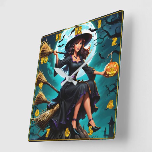 薄暮魅力的れ時にカボチャを持つ魔女 スクエア壁時計 (傾斜)