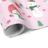 薄桃色のクリスマスツリーを飾った可愛い雪だるま ラッピングペーパー (ロールコーナー)
