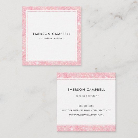 薄桃色のグリッター縁どミニマルプロフェッショナル スクエア名刺 (正面/裏面)