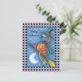 薄桃色のフラミンゴ飛んでいるの魔女で月の上の箒 シーズンポストカード (スタンド正面)