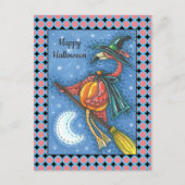 薄桃色のフラミンゴ飛んでいるの魔女で月の上の箒 シーズンポストカード (正面)