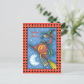 薄桃色のフラミンゴ飛んでいるの魔女で月の上の箒 シーズンポストカード (スタンド正面)