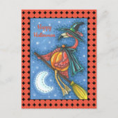 薄桃色のフラミンゴ飛んでいるの魔女で月の上の箒 シーズンポストカード (正面)