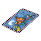 薄桃色のフラミンゴ飛んでいるの魔女で月の上の箒 マグネット (左側)