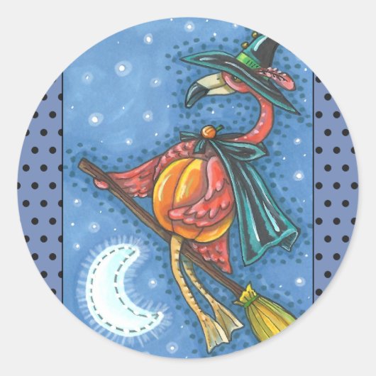 薄桃色のフラミンゴ飛んでいるの魔女で月の上の箒 ラウンドシール (正面)