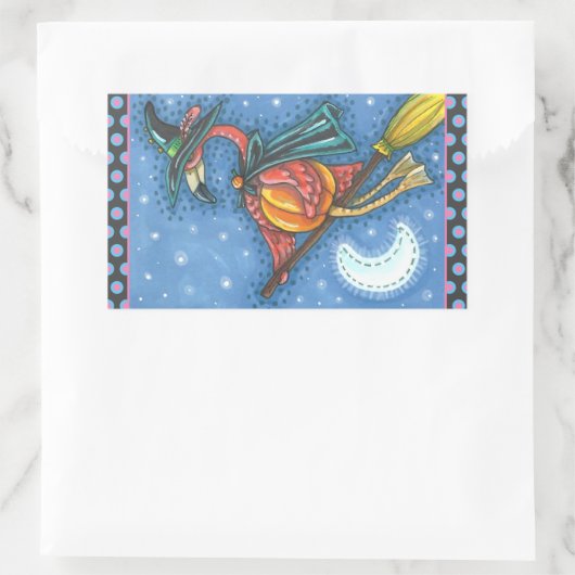 薄桃色のフラミンゴ飛んでいるの魔女で月の上の箒 長方形シール (バッグ)