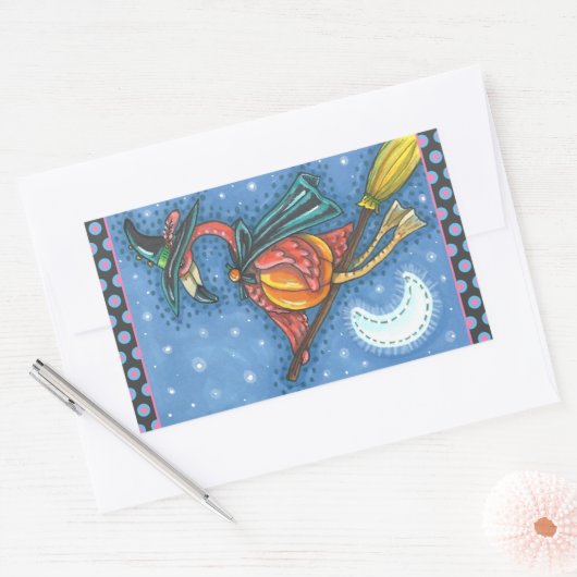 薄桃色のフラミンゴ飛んでいるの魔女で月の上の箒 長方形シール (封筒)