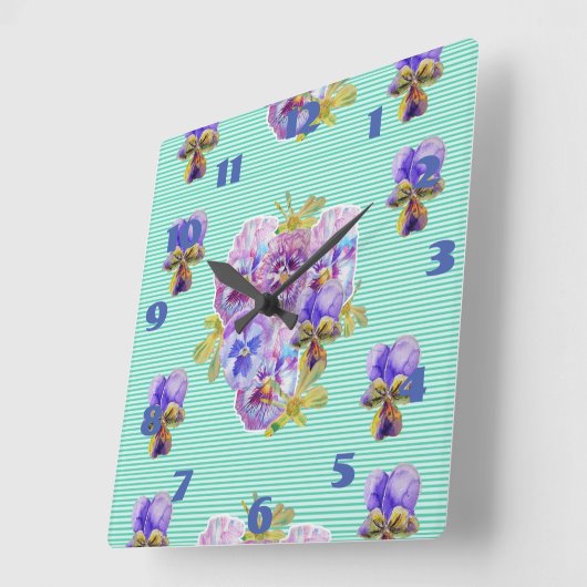 薄汚れたパンジー パンジー 花 アクア ターコイズ スクエア壁時計 (傾斜)