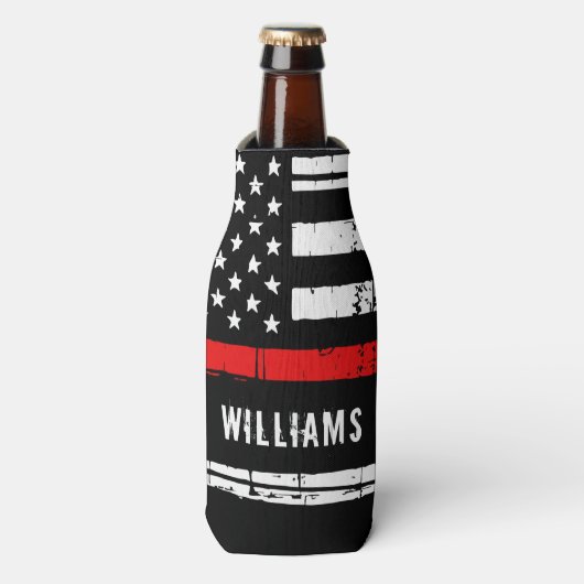 薄素朴い赤い線パーソナライズされた消防士 ボトルクーラー (ボトル正面)