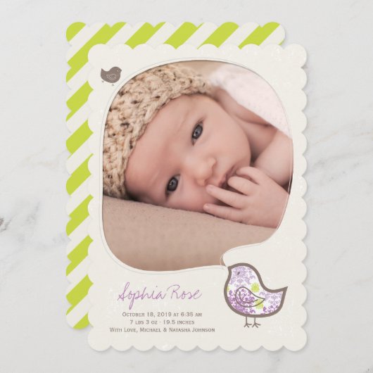 薄紫お洒落チックベビーガール誕生のお知らせ 案内状 (正面/裏面)