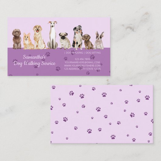 薄紫かわいい前足の水彩犬 名刺 (正面/裏面)