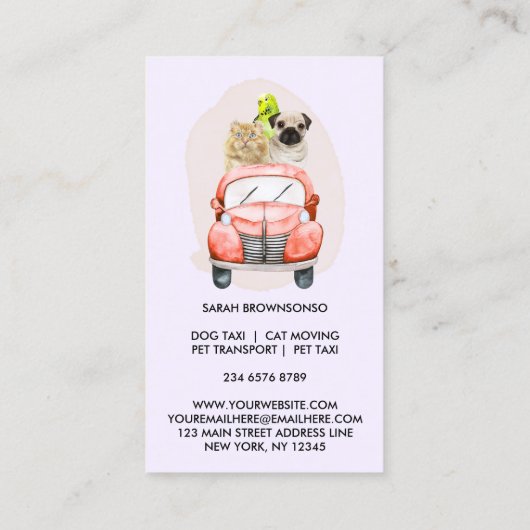 薄紫かわいい犬ねこ鳥ペット運搬車 名刺 (裏面)