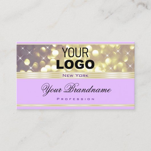 薄紫かわいらしパープル金ゴールドグリッタースターとロゴ 名刺 (正面)