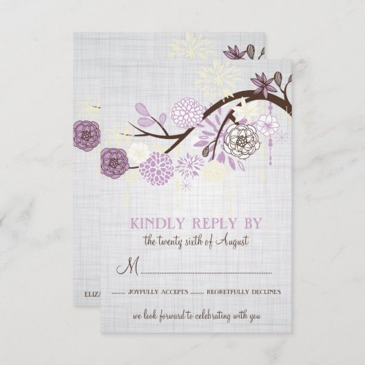 薄紫とクリームフラワーウェデ素朴ィングRSVPカード 出欠カード (正面/裏面)