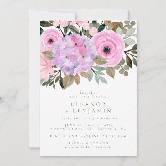 薄紫とピンクフローラブーケボホ結婚ズ 招待状 (正面)