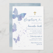 薄紫とブルーミニマリスト蝶バプテスマ 招待状 (正面/裏面)