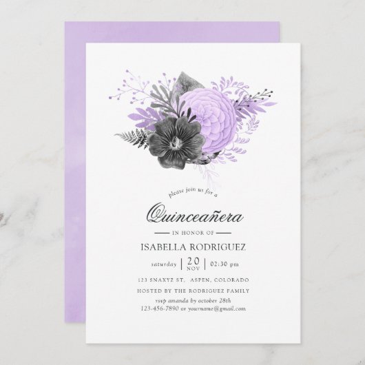 薄紫と木炭の水カラーフローラキンセアニラ 招待状 (正面/裏面)