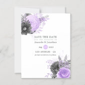 薄紫と木炭フローラ結婚式の日付を保存 マグネット招待状 (正面)