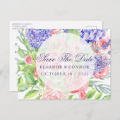 薄紫と牡丹洗練された結婚式招待状 案内ポストカード (正面/裏面)
